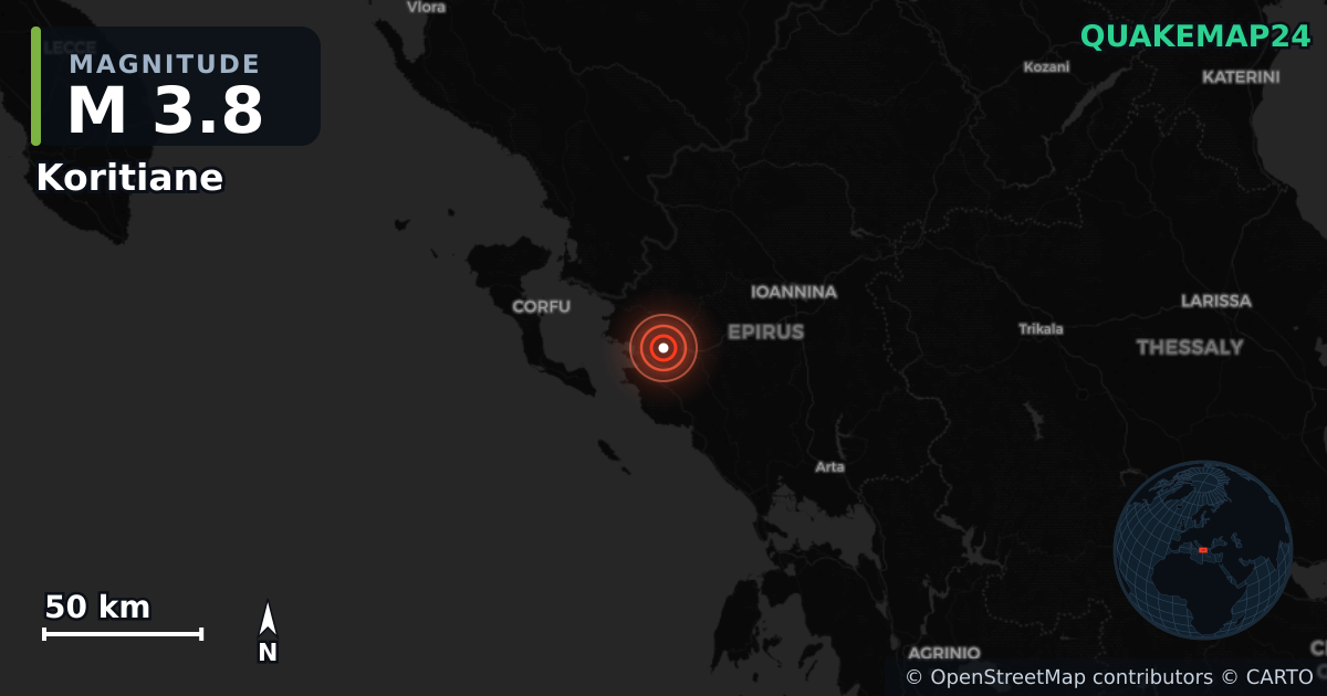 M3.8 earthquake near Koritiane on Jan 29, 2026 — map of epicenter and shaking intensity | QuakeMap24