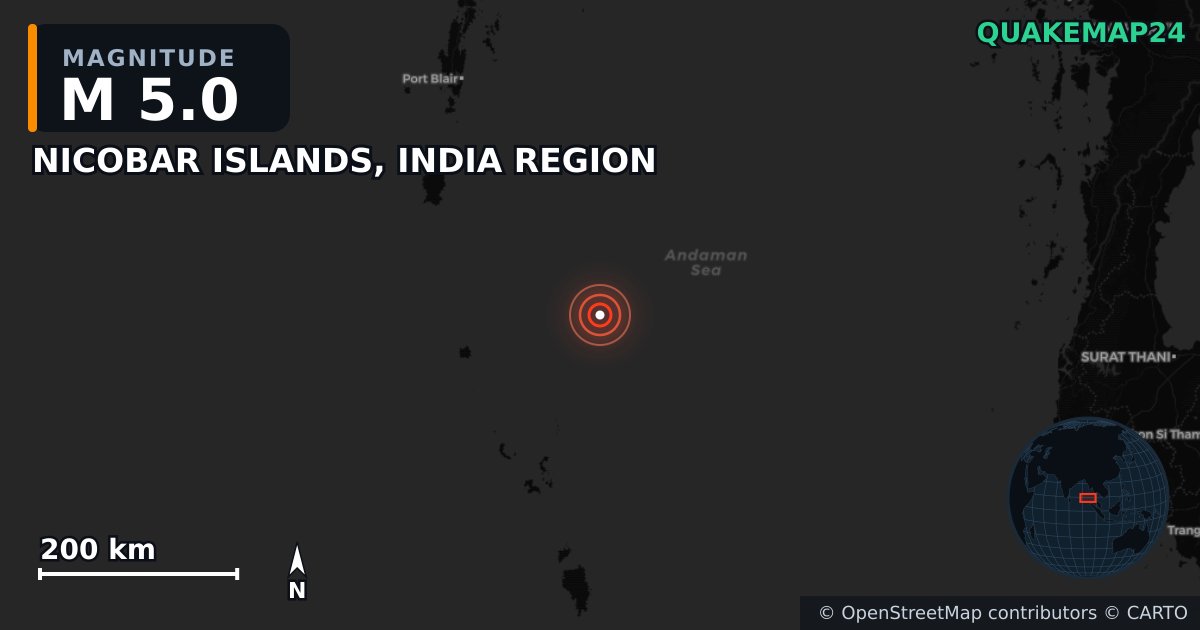 NICOBAR ISLANDS, INDIA REGION yakınında M5,0 deprem — Deprem merkez üssünün konumunu gösteren harita