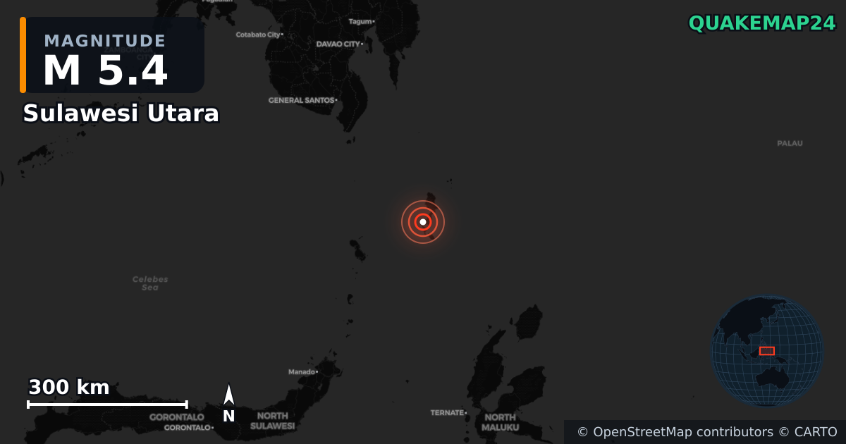 M5.4 Earthquake near KEPULAUAN TALAUD, INDONESIA (Indonesia) · 2025-11-15 — Map showing the location of the epicenter