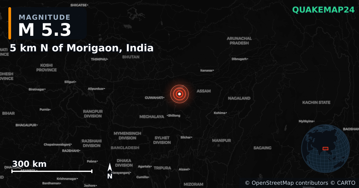 M5.3 earthquake near 5 km N of Morigaon, India on Feb 26, 2025 — map of epicenter and shaking intensity | QuakeMap24