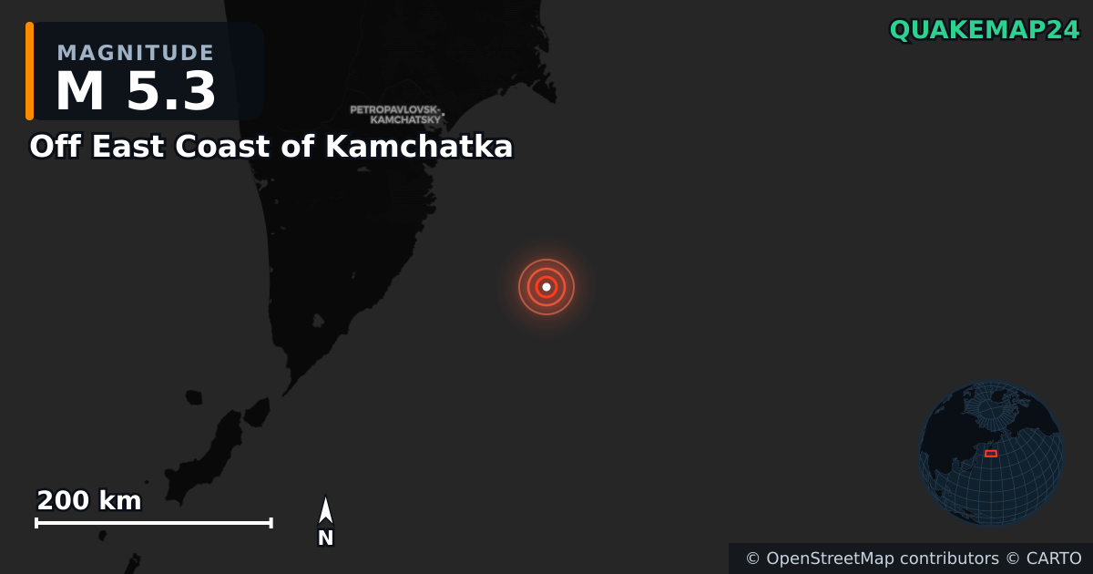 M5.3 earthquake near Off East Coast of Kamchatka on Aug 27, 2025 — map of epicenter and shaking intensity | QuakeMap24