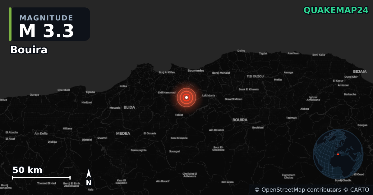 M3.3 earthquake near Bouira on Jun 5, 2025 — map of epicenter and shaking intensity | QuakeMap24