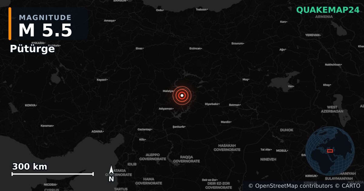 Erdbeben M5,5 bei Pütürge, Malatya (Türkei) · 2026-05-20 — Karte der Lage des Epizentrums