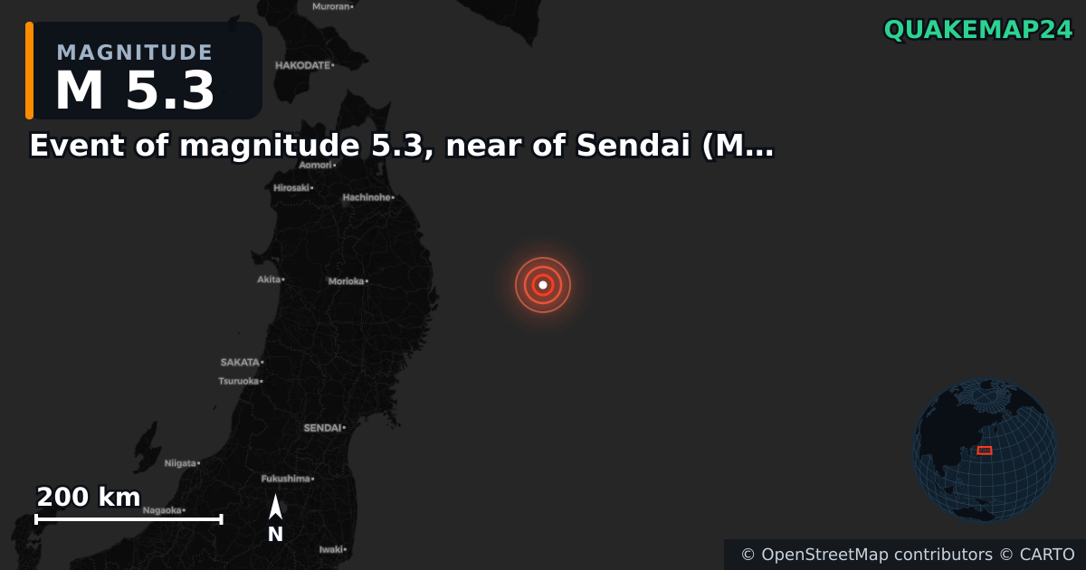 M5.3 earthquake near Event of magnitude 5.3, near of Sendai (Monde) on Nov 10, 2025 — map of epicenter and shaking intensity | QuakeMap24