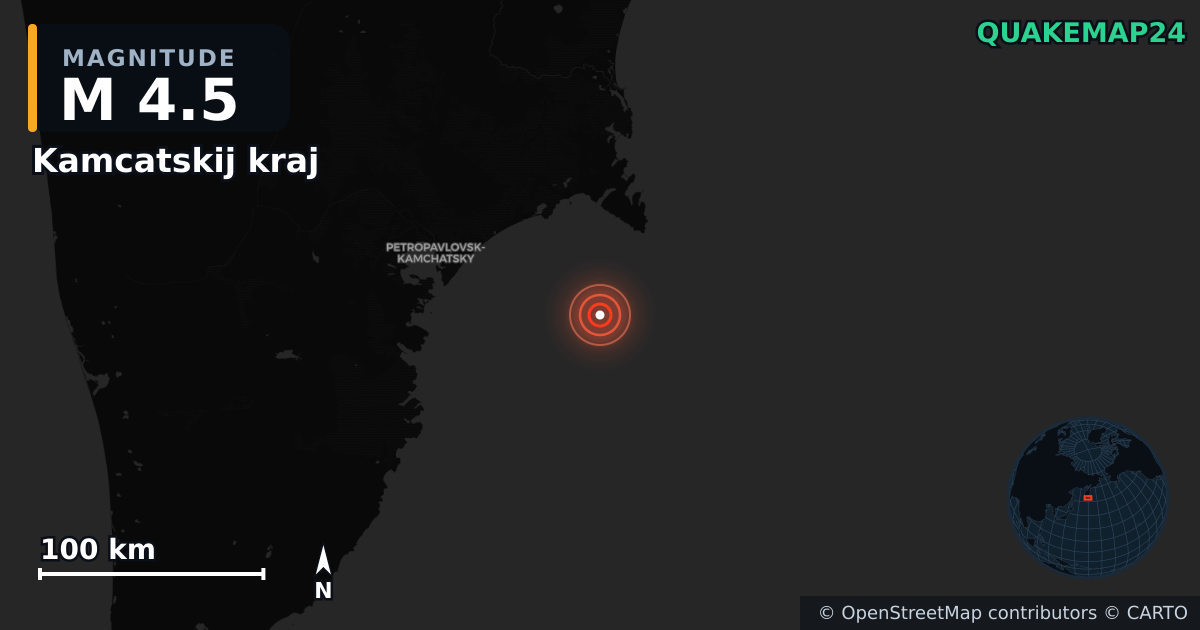 M4.5 earthquake near Kamcatskij kraj on Aug 6, 2025 — map of epicenter and shaking intensity | QuakeMap24
