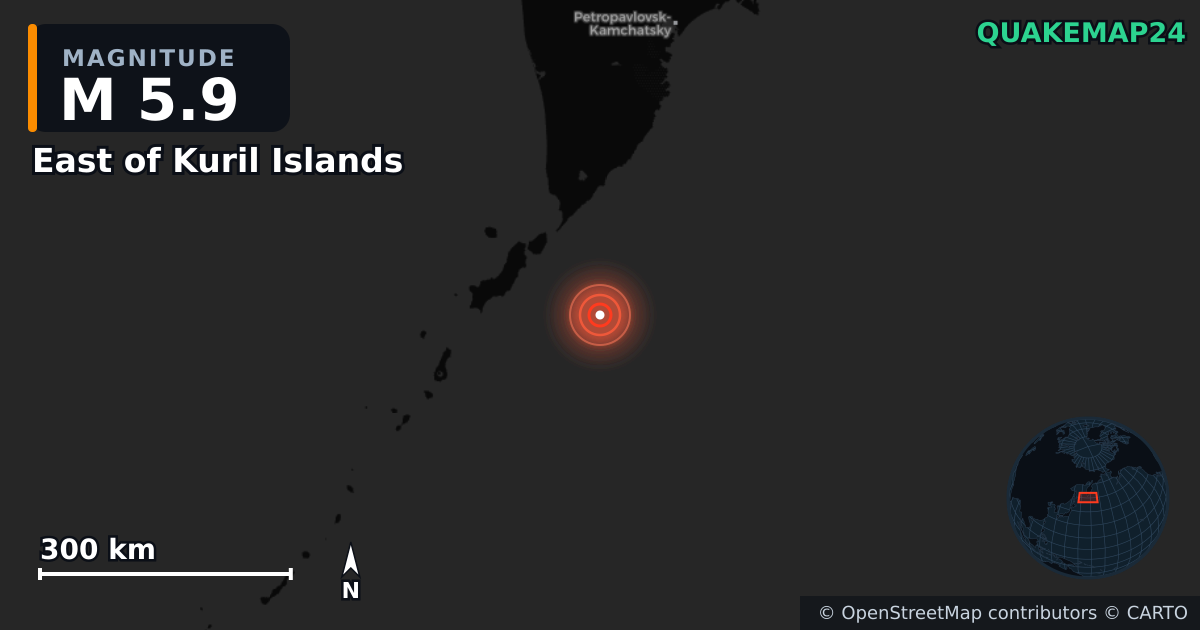 M5.9 earthquake near East of Kuril Islands on Jul 30, 2025 — map of epicenter and shaking intensity | QuakeMap24
