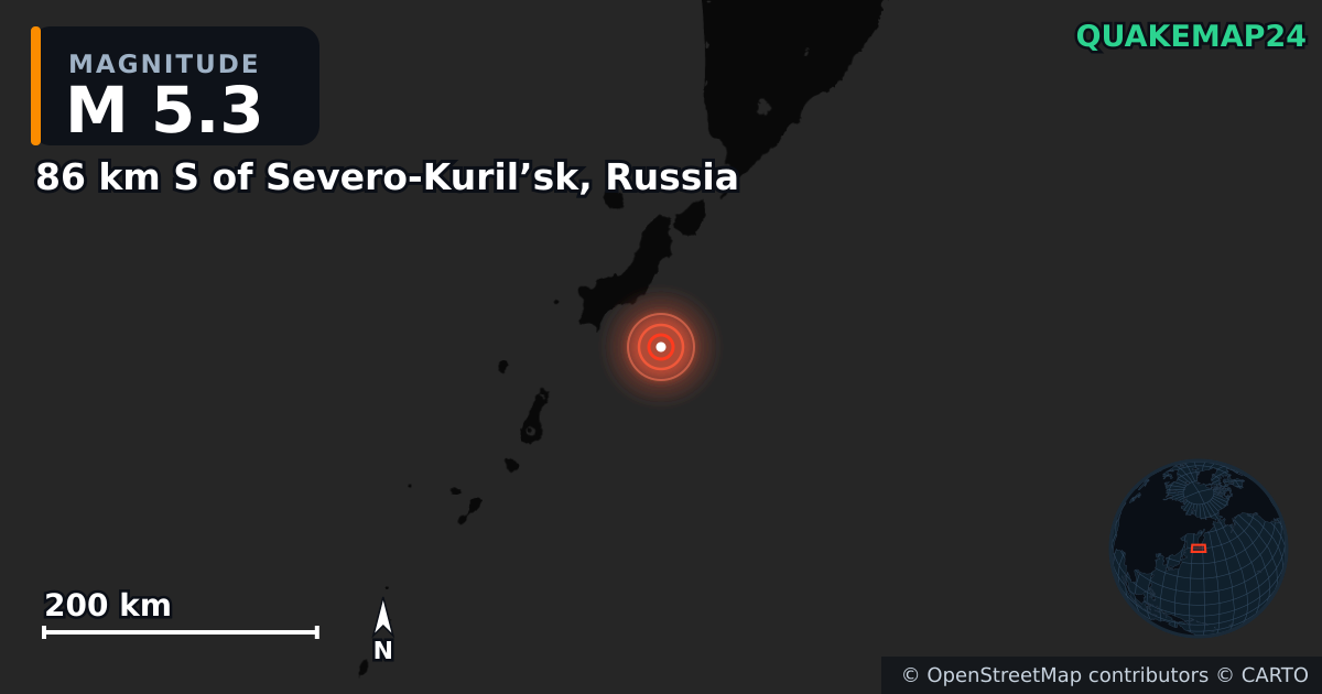 M5.3 earthquake near 86 km S of Severo-Kuril’sk, Russia on Oct 25, 2025 — map of epicenter and shaking intensity | QuakeMap24