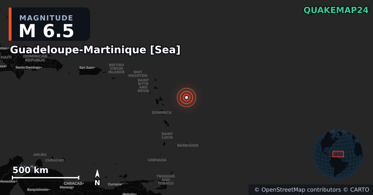 M6.5 Earthquake near Guadeloupe-Martinique [Sea] · 2025-10-27 — Map showing the location of the epicenter