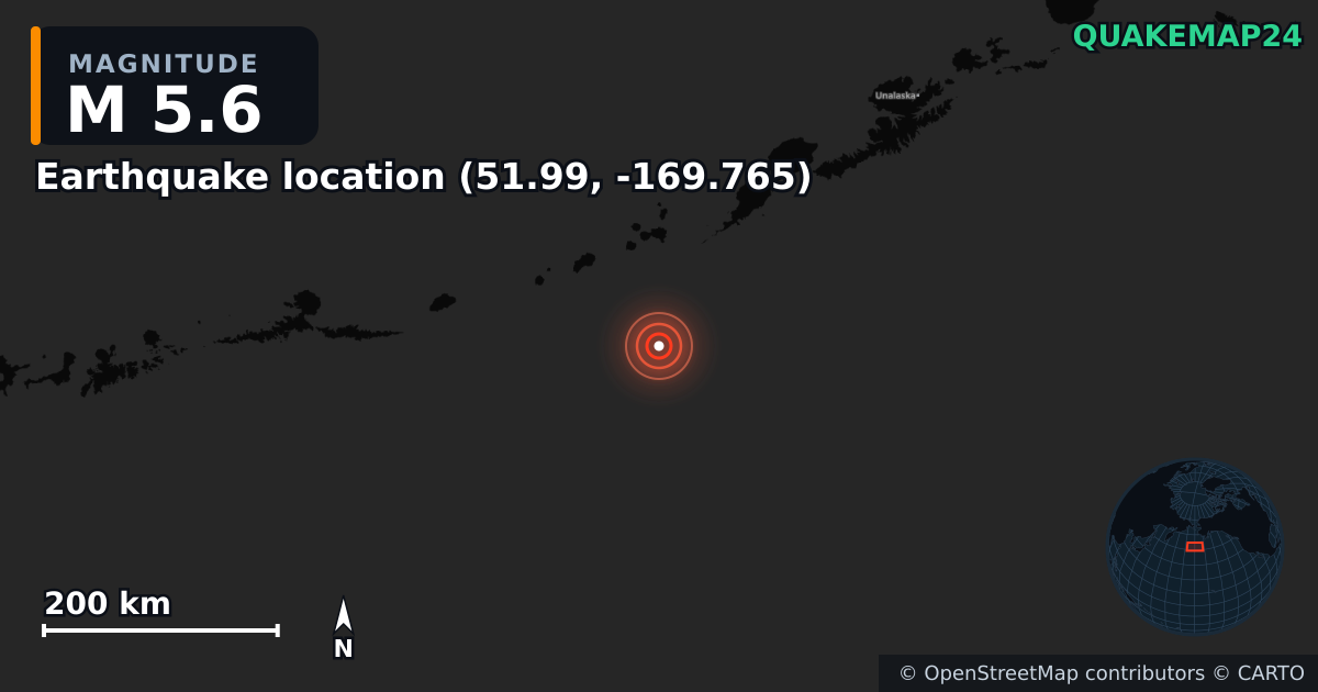 M5.6 earthquake near Local do sismo (51.99, -169.765) on Sep 16, 2025 — map of epicenter and shaking intensity | QuakeMap24