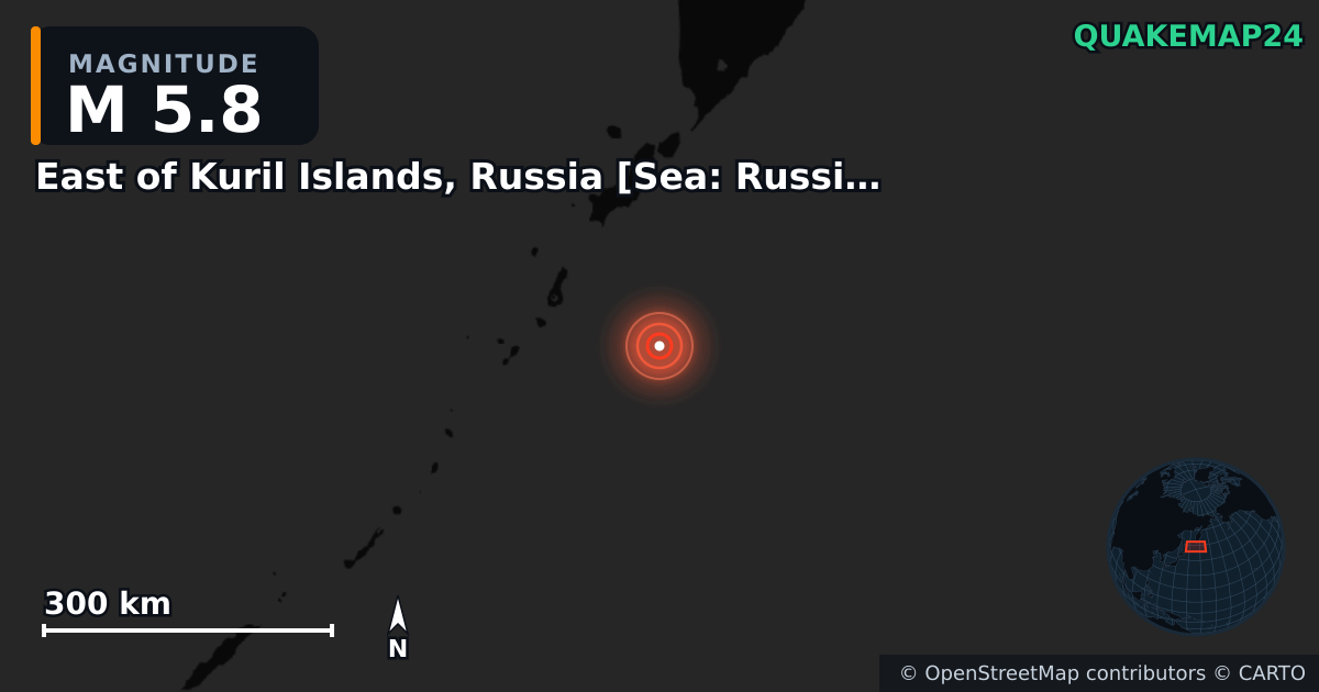 M5.8 earthquake near East of Kuril Islands, Russia [Sea: Russia] on Mar 19, 2026 — map of epicenter and shaking intensity | QuakeMap24