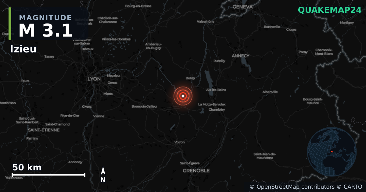 Erdbeben M3,1 bei Izieu, Auvergne-Rhône-Alpes (Frankreich) · 2026-10-22 — Karte der Lage des Epizentrums
