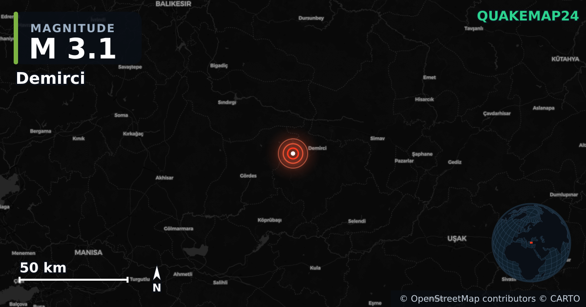 M3.1 earthquake near Demirci on Aug 30, 2025 — map of epicenter and shaking intensity | QuakeMap24