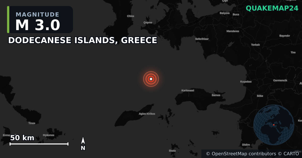M3.0 earthquake near DODECANESE ISLANDS, GREECE on Sep 26, 2025 — map of epicenter and shaking intensity | QuakeMap24