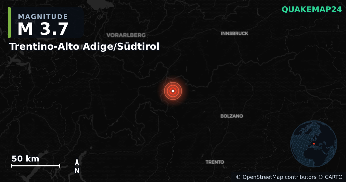 M3.7 earthquake near Trentino-Alto Adige/Südtirol on Sep 2, 2025 — map of epicenter and shaking intensity | QuakeMap24
