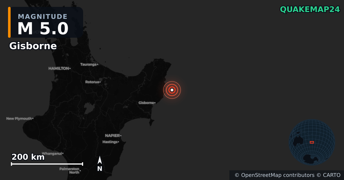 M5.0 earthquake near Gisborne on Jul 25, 2025 — map of epicenter and shaking intensity | QuakeMap24