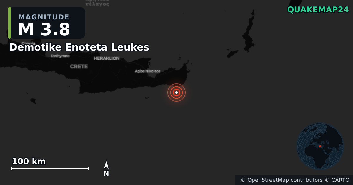 M3.8 earthquake near Demotike Enoteta Leukes on Apr 24, 2026 — map of epicenter and shaking intensity | QuakeMap24