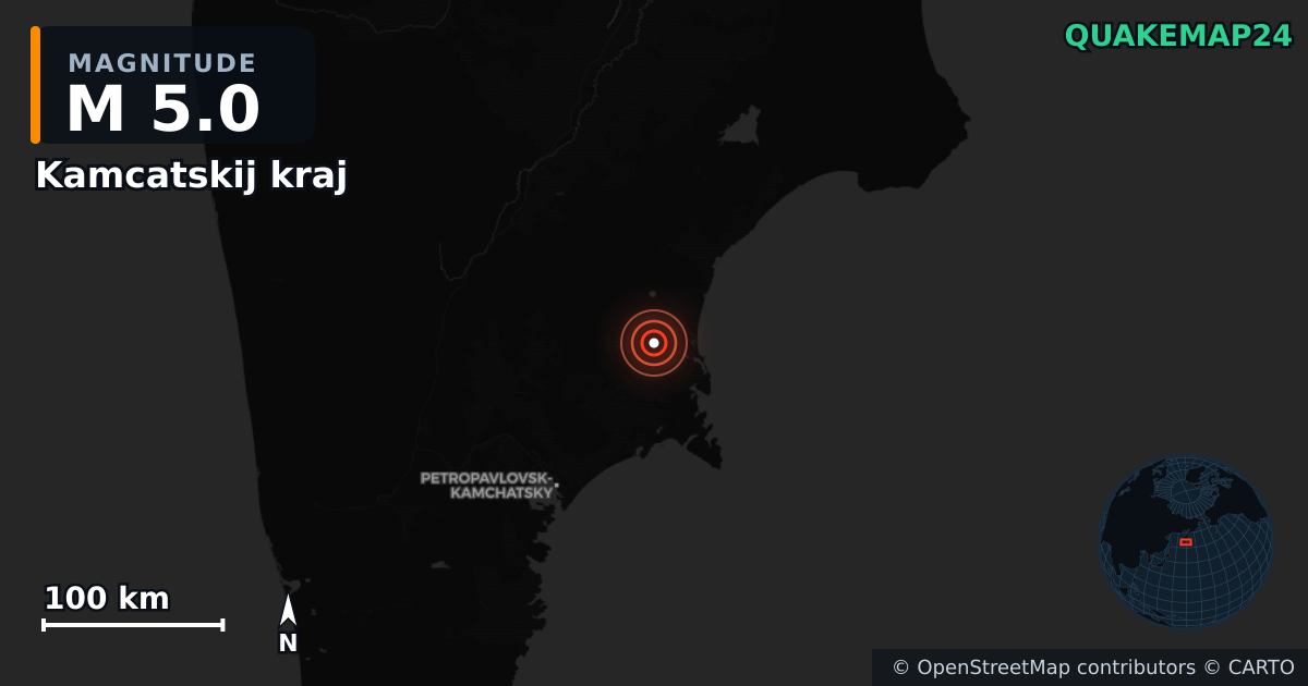 M5.0 earthquake near Kamcatskij kraj on Nov 13, 2025 — map of epicenter and shaking intensity | QuakeMap24