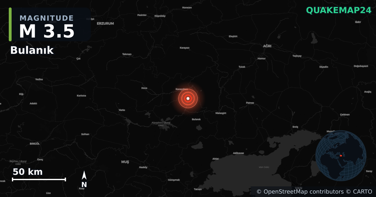 M3.5 earthquake near Bulanık on Jun 28, 2026 — map of epicenter and shaking intensity | QuakeMap24