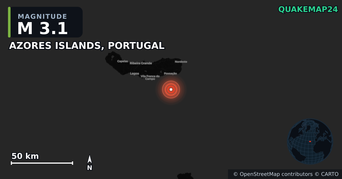 M3.1 earthquake near AZORES ISLANDS, PORTUGAL on Jun 4, 2025 — map of epicenter and shaking intensity | QuakeMap24