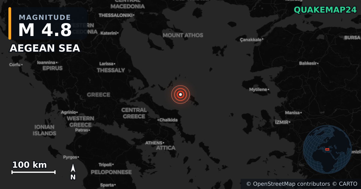 M4.8 earthquake near AEGEAN SEA on Nov 17, 2025 — map of epicenter and shaking intensity | QuakeMap24