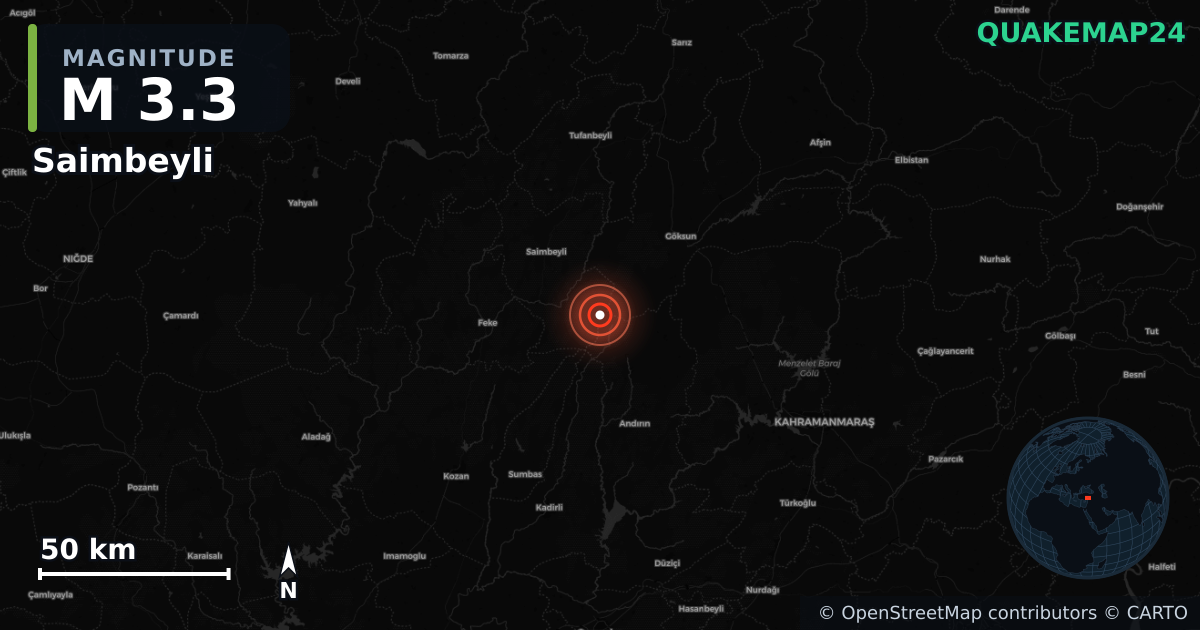M3.3 earthquake near Saimbeyli on Sep 13, 2025 — map of epicenter and shaking intensity | QuakeMap24