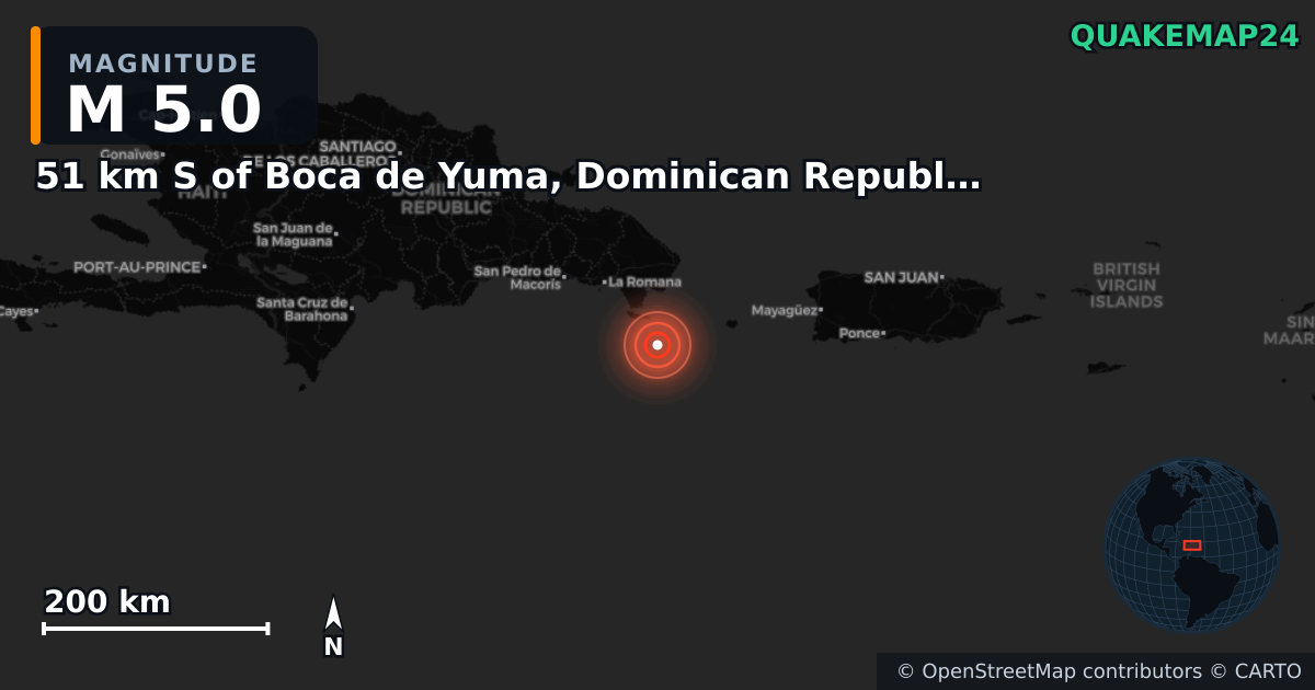 M5.0 earthquake near 51 km S of Boca de Yuma, Dominican Republic on Jun 26, 2026 — map of epicenter and shaking intensity | QuakeMap24