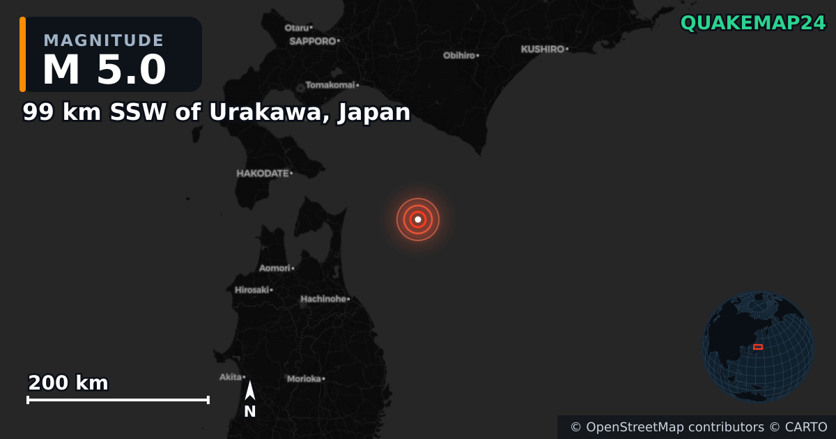 M5.0 earthquake near 99 km SSW of Urakawa, Japan on Dec 17, 2025 — map of epicenter and shaking intensity | QuakeMap24