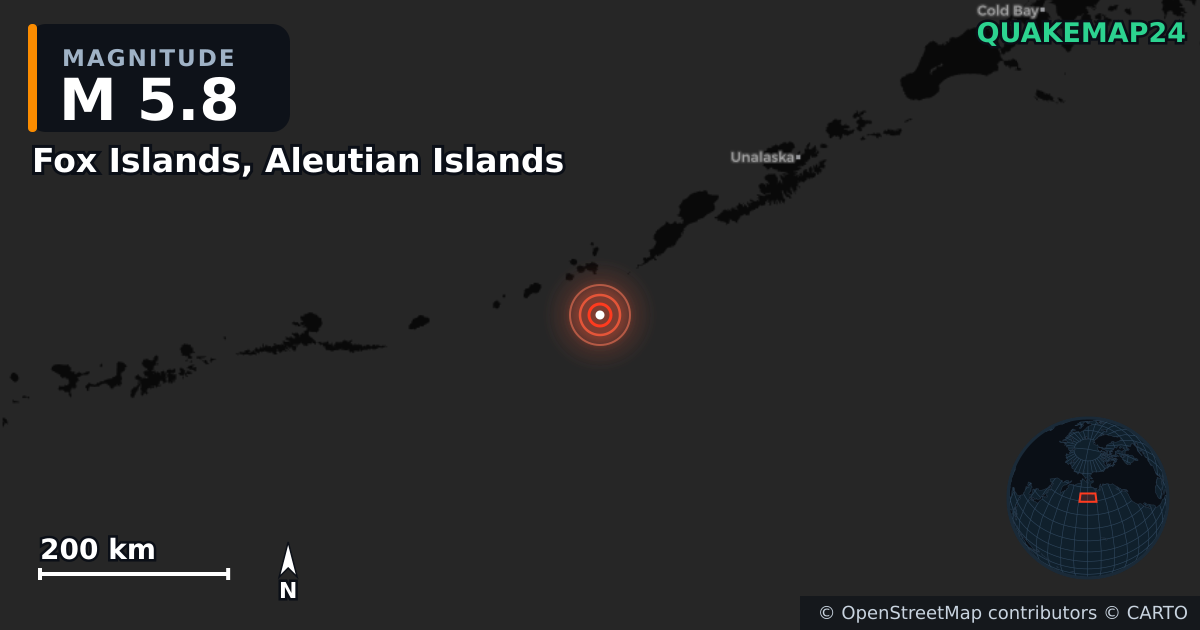 M5.8 earthquake near Fox Islands, Aleutian Islands on Sep 3, 2025 — map of epicenter and shaking intensity | QuakeMap24