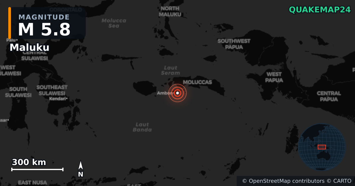 M5.8 earthquake near Maluku on Nov 20, 2025 — map of epicenter and shaking intensity | QuakeMap24