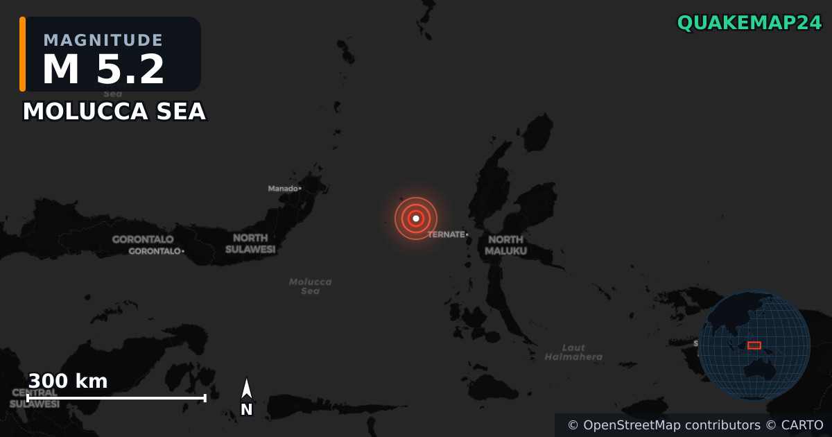 Erdbeben M5,2 bei MOLUCCA SEA — Karte der Lage des Epizentrums