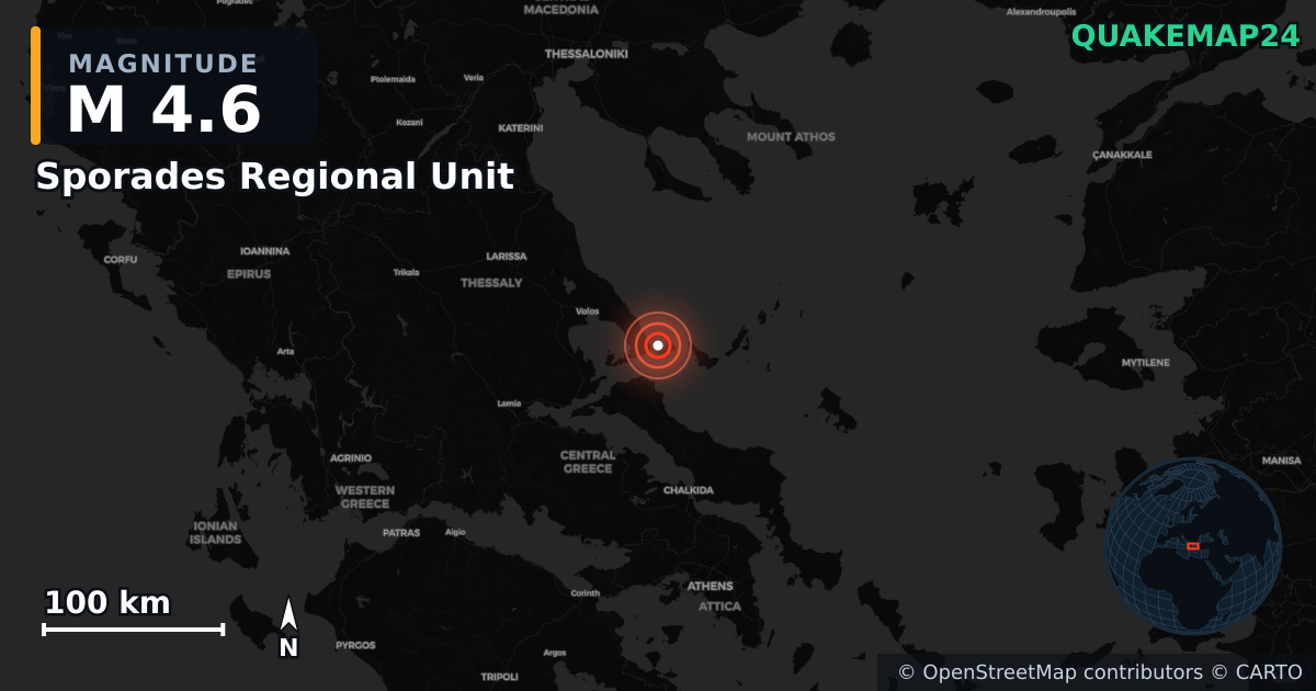 Erdbeben M4,6 bei Sporades Regional Unit, Thessaly (Griechenland) — Karte der Lage des Epizentrums