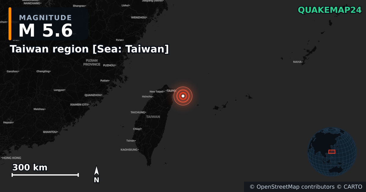 M5.6 earthquake near Taiwan region [Sea: Taiwan] on May 1, 2026 — map of epicenter and shaking intensity | QuakeMap24