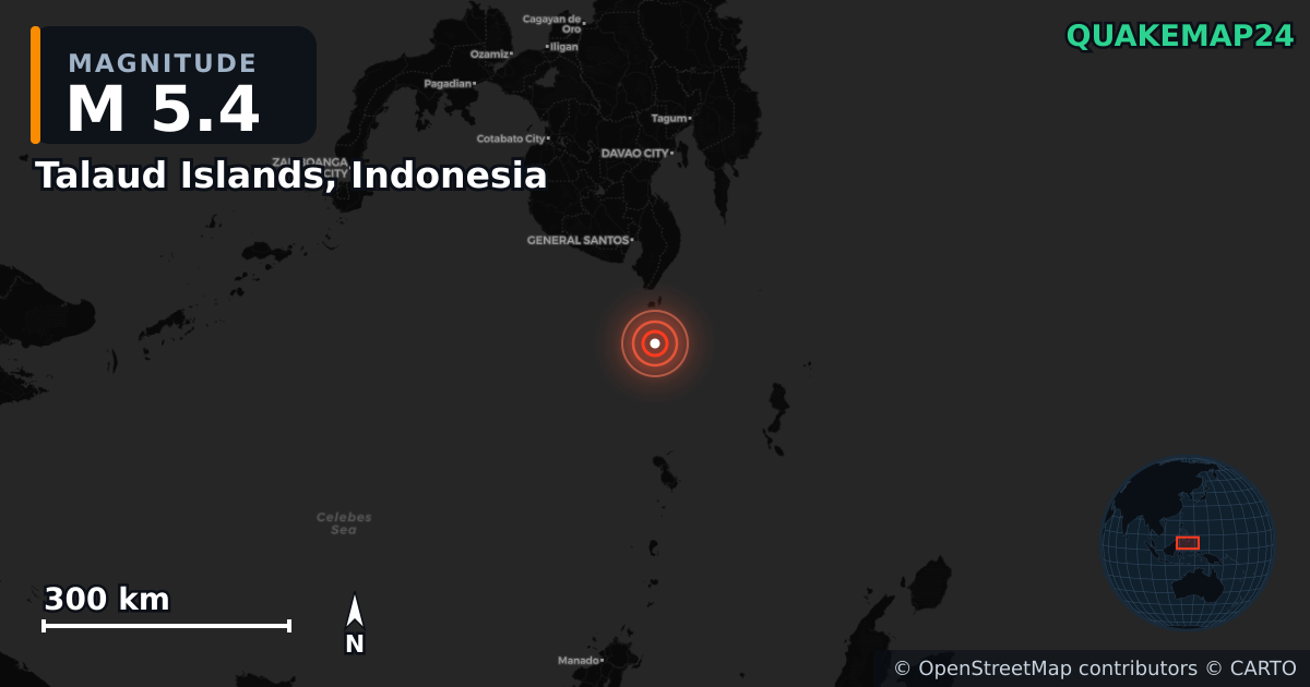M5.4 earthquake near Talaud Islands, Indonesia on Jun 11, 2026 — map of epicenter and shaking intensity | QuakeMap24