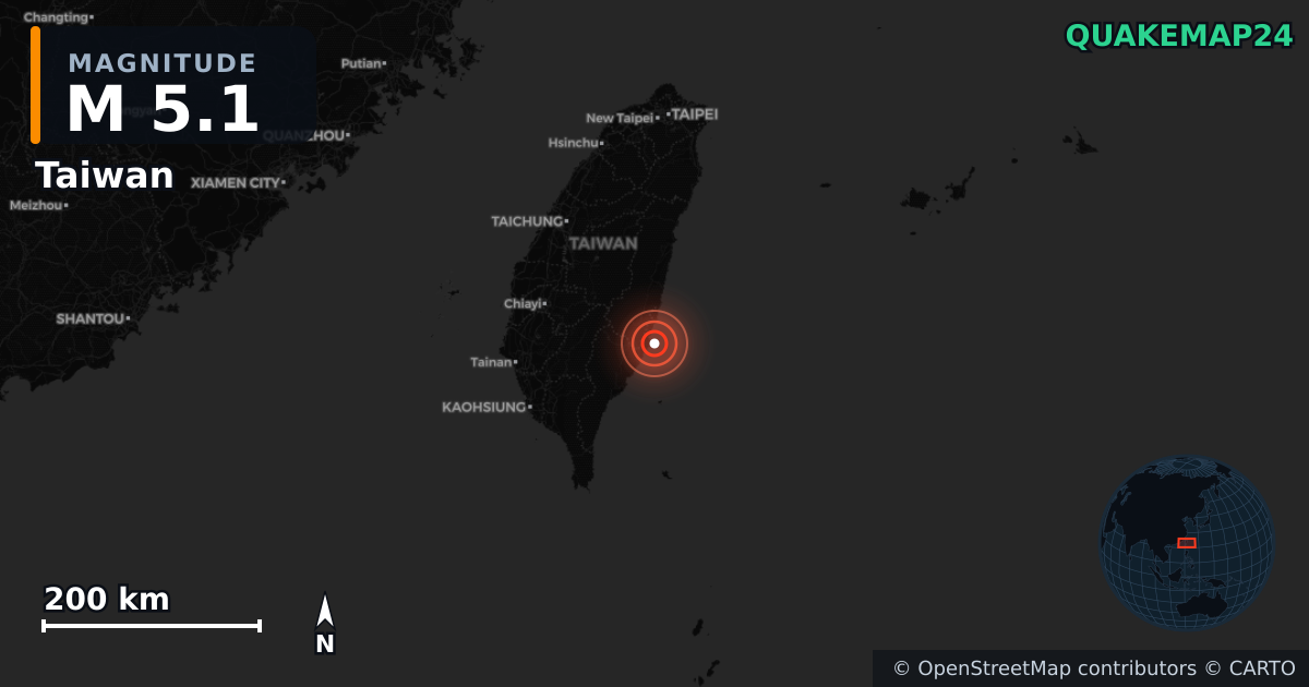 M5.1 earthquake near Taiwan on May 12, 2026 — map of epicenter and shaking intensity | QuakeMap24