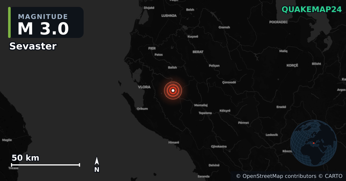 M3.0 earthquake near Sevaster on Jan 9, 2026 — map of epicenter and shaking intensity | QuakeMap24