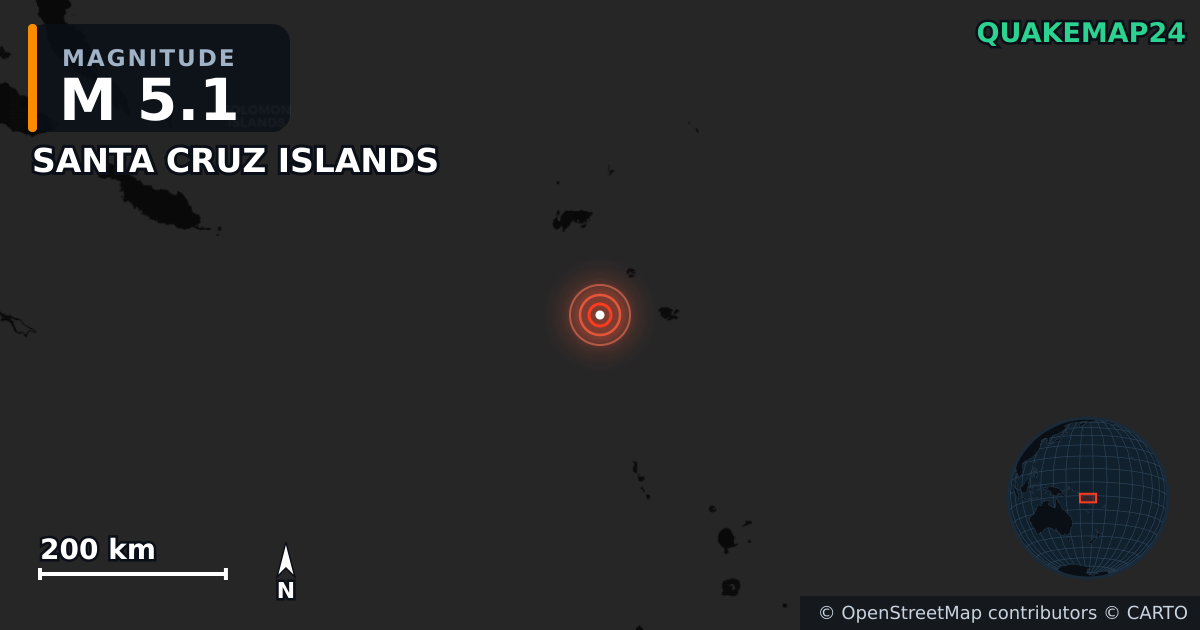 M5.1 earthquake near SANTA CRUZ ISLANDS on Aug 30, 2025 — map of epicenter and shaking intensity | QuakeMap24