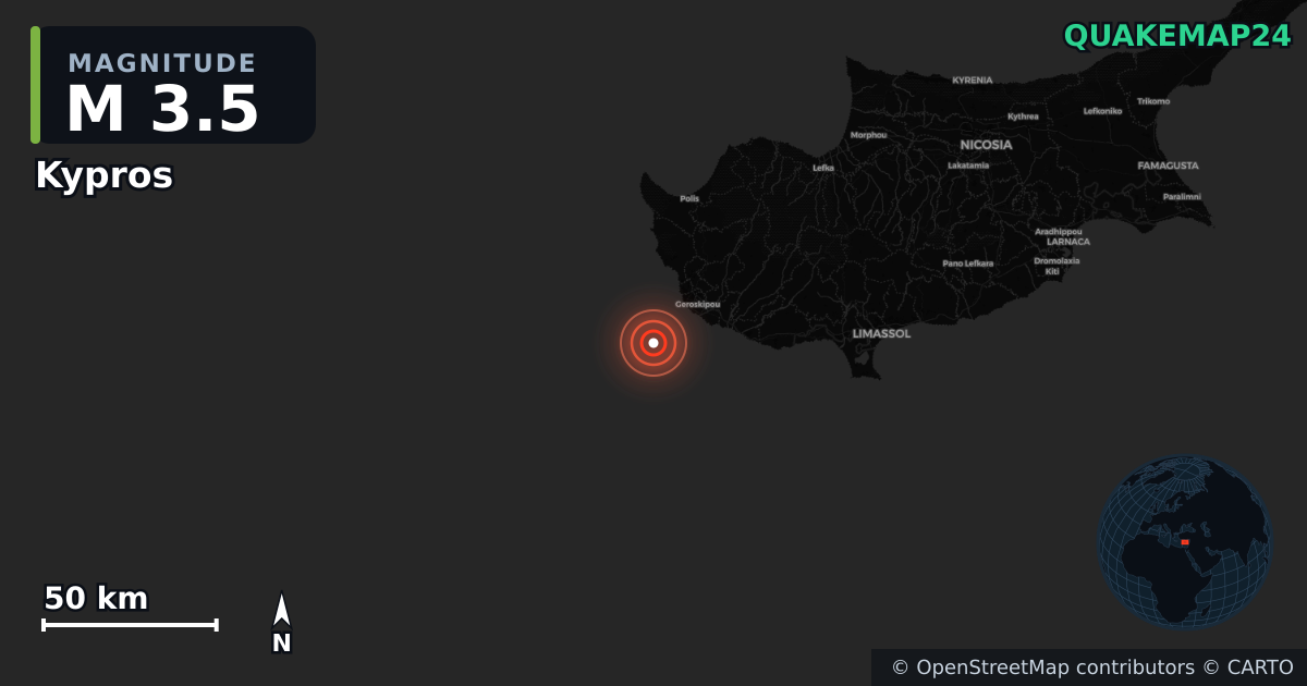 M3.5 earthquake near Kypros on Dec 12, 2025 — map of epicenter and shaking intensity | QuakeMap24