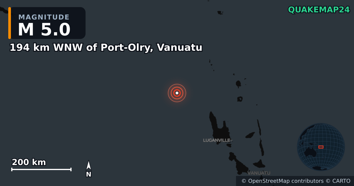 Erdbeben M5,0 bei 194 km WNW of Port-Olry, Vanuatu · 2026-10-21 — Karte der Lage des Epizentrums