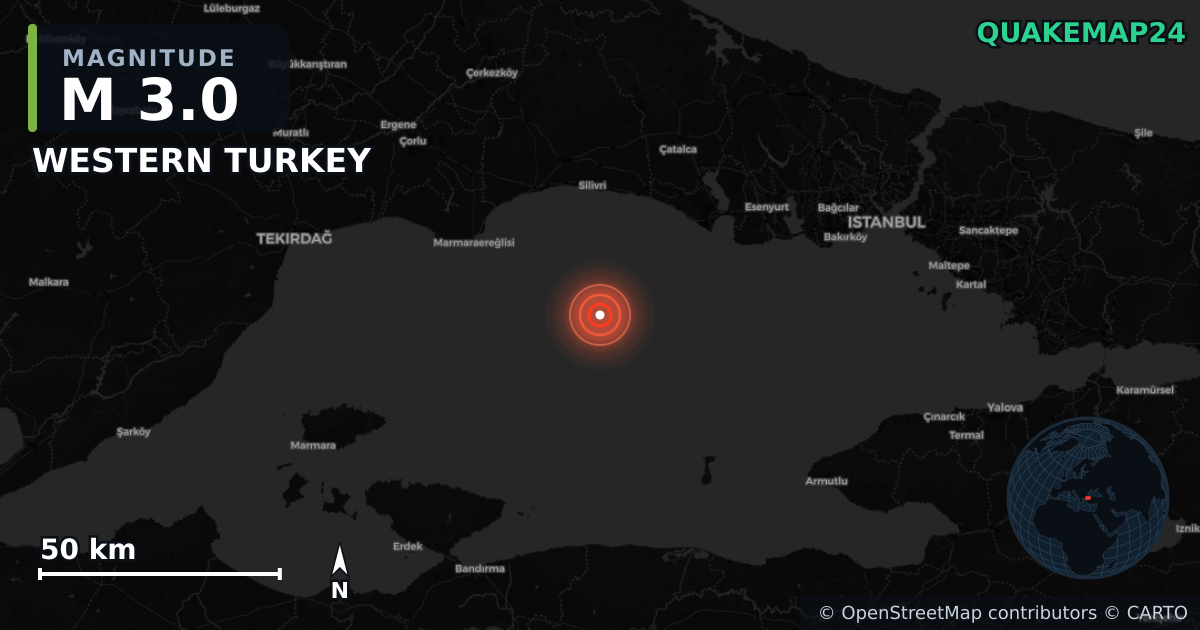 M3.0 earthquake near WESTERN TURKEY on Jun 7, 2025 — map of epicenter and shaking intensity | QuakeMap24