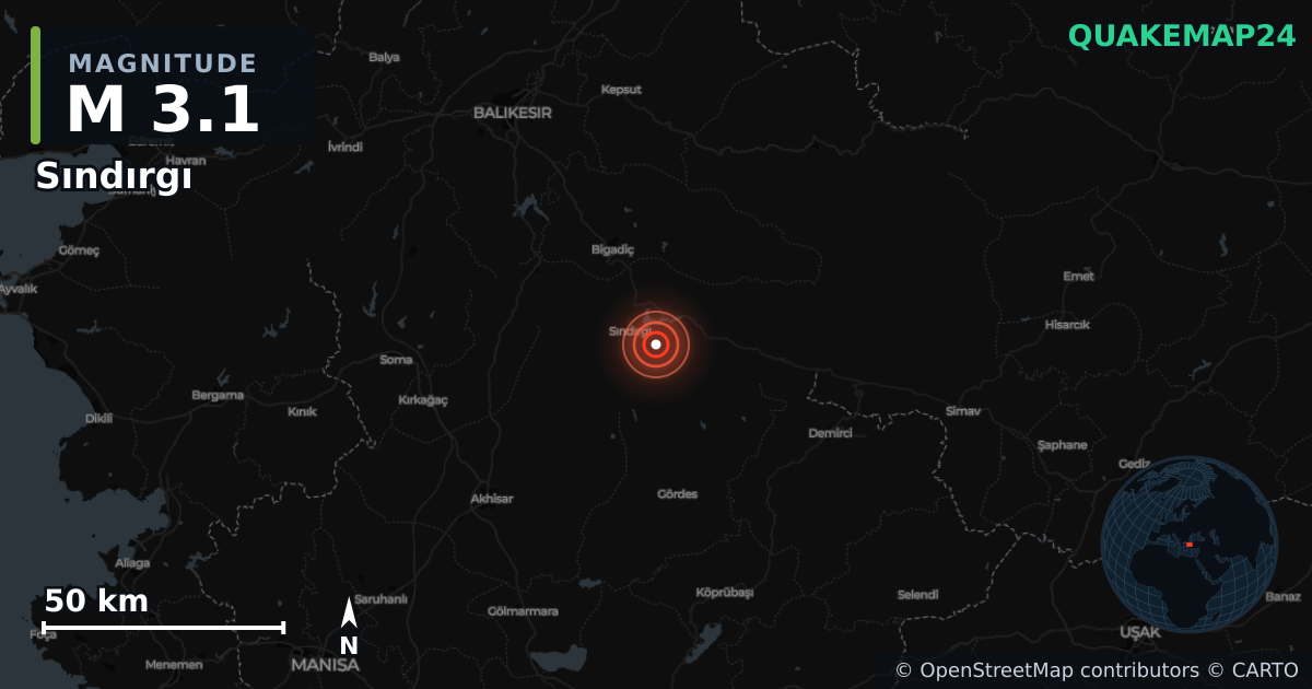 Terremoto de M3,1 cerca de Sındırgı (Turquía) · 2025-11-27 — Mapa de la ubicación del epicentro