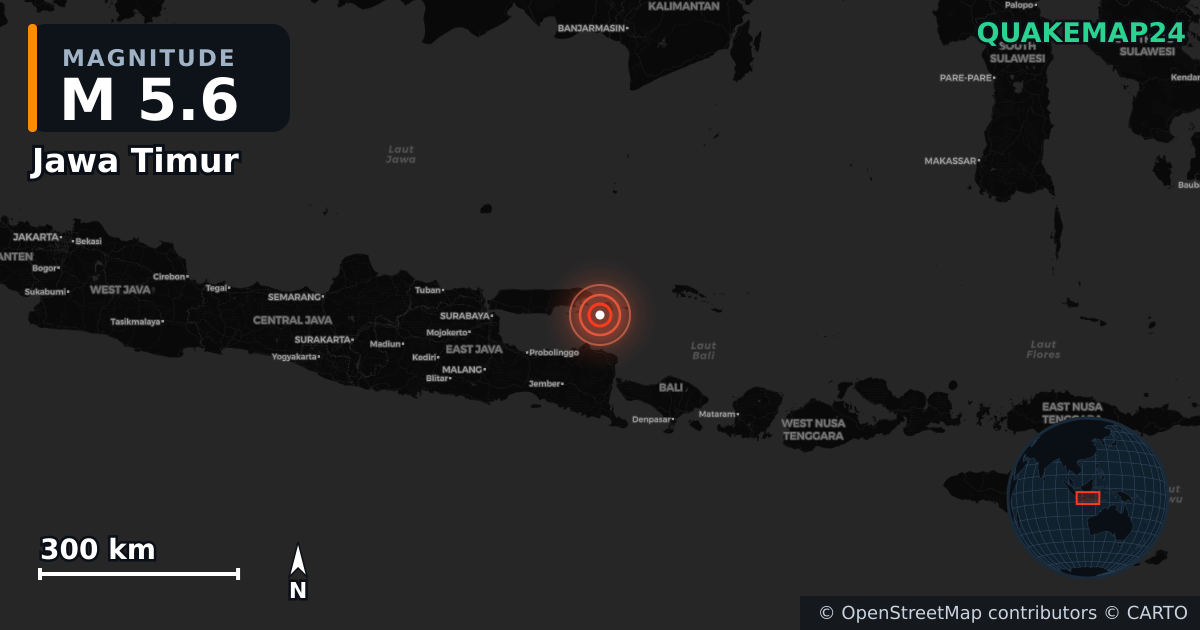 M5.6 earthquake near Jawa Timur on Sep 30, 2025 — map of epicenter and shaking intensity | QuakeMap24