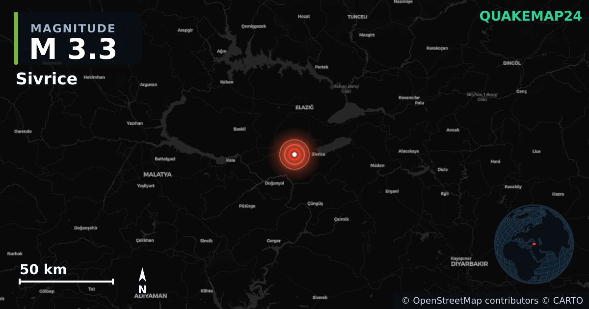 M3.3 earthquake near Sivrice on Sep 14, 2025 — map of epicenter and shaking intensity | QuakeMap24