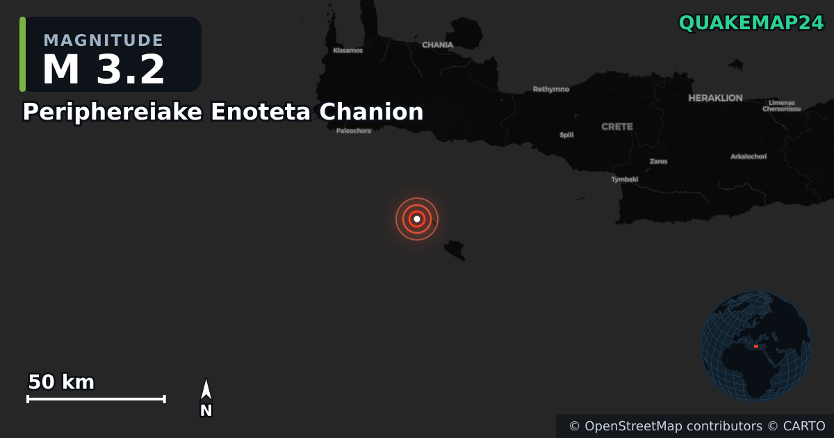M3.2 earthquake near Periphereiake Enoteta Chanion on Oct 17, 2025 — map of epicenter and shaking intensity | QuakeMap24