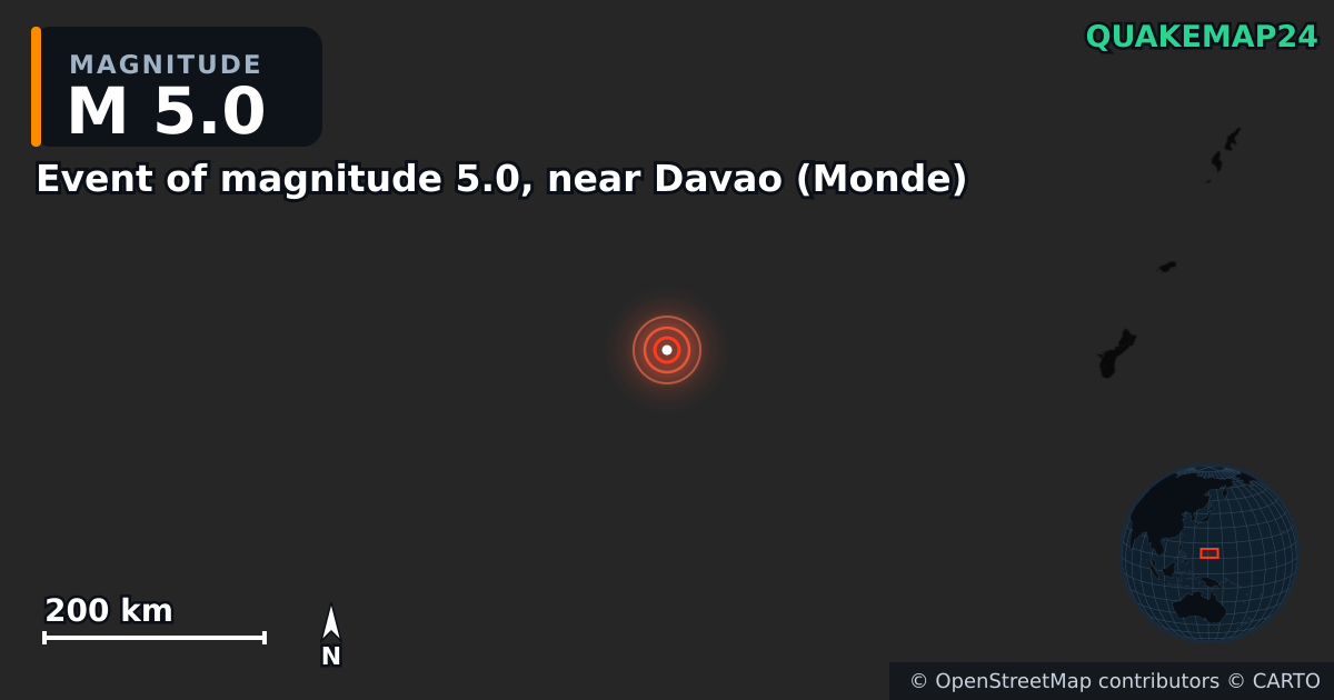 Erdbeben M5,0 bei Event of magnitude 5.0, near Davao (Monde) · 2026-07-20 — Karte der Lage des Epizentrums