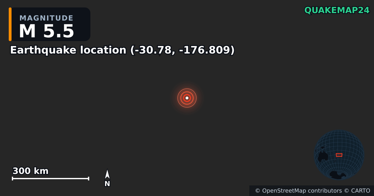 M5.5 earthquake near Lieu du séisme (-30.78, -176.809) on Apr 16, 2026 — map of epicenter and shaking intensity | QuakeMap24