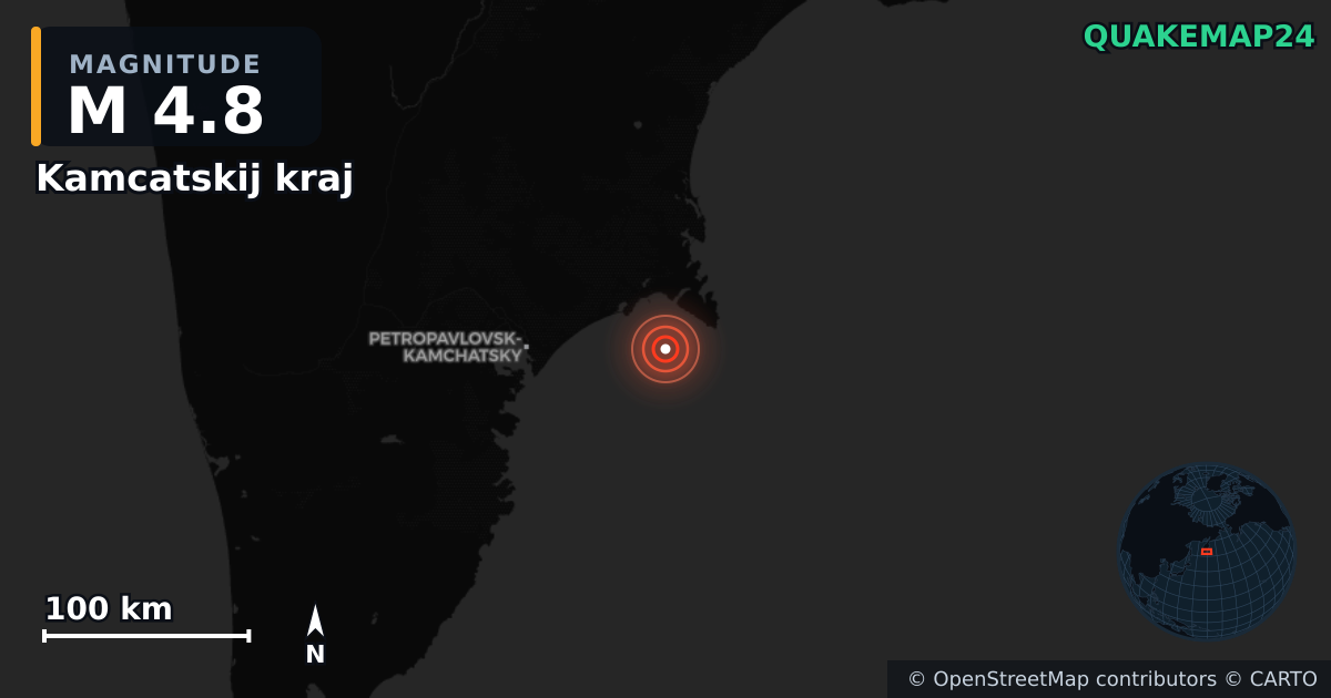 M4.8 earthquake near Kamcatskij kraj on Jan 10, 2026 — map of epicenter and shaking intensity | QuakeMap24