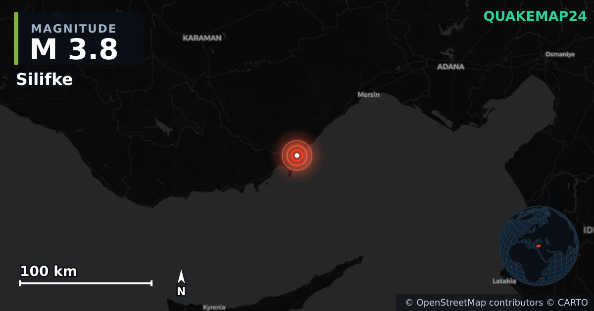 M3.8 earthquake near Silifke on Oct 27, 2025 — map of epicenter and shaking intensity | QuakeMap24