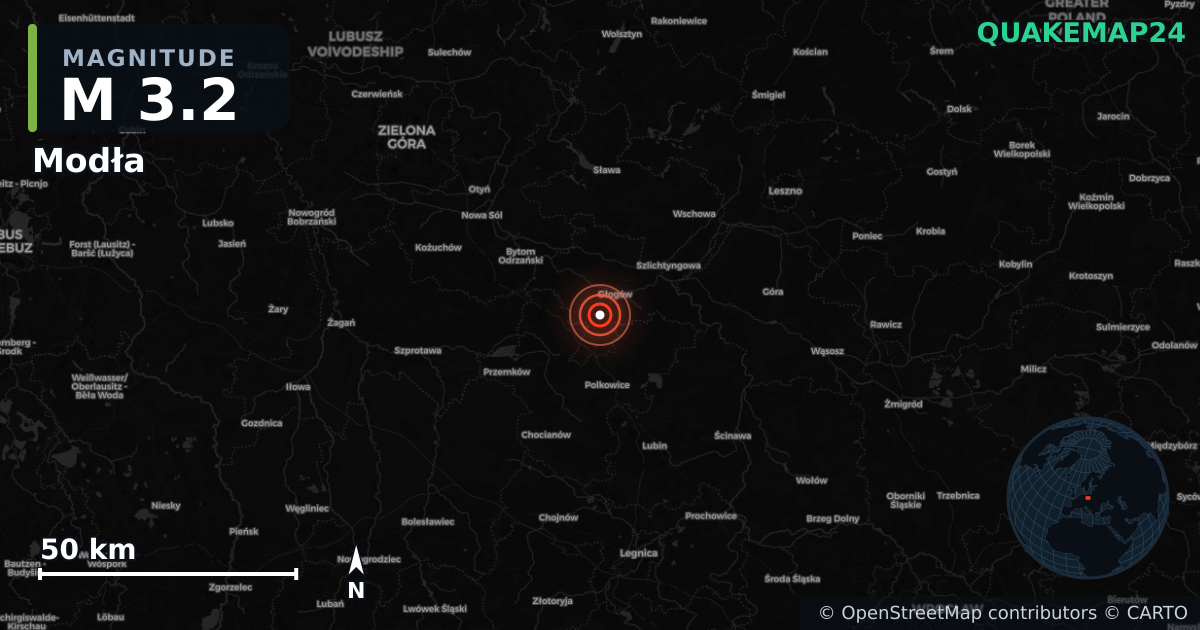 M3.2 earthquake near Modła on Aug 14, 2026 — map of epicenter and shaking intensity | QuakeMap24