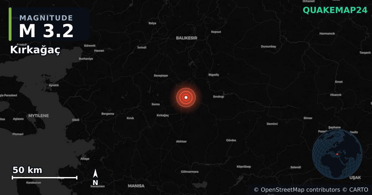 M3.2 earthquake near Kırkağaç on Aug 29, 2025 — map of epicenter and shaking intensity | QuakeMap24