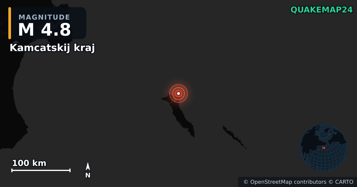 M4.8 earthquake near Kamcatskij kraj on Sep 9, 2025 — map of epicenter and shaking intensity | QuakeMap24